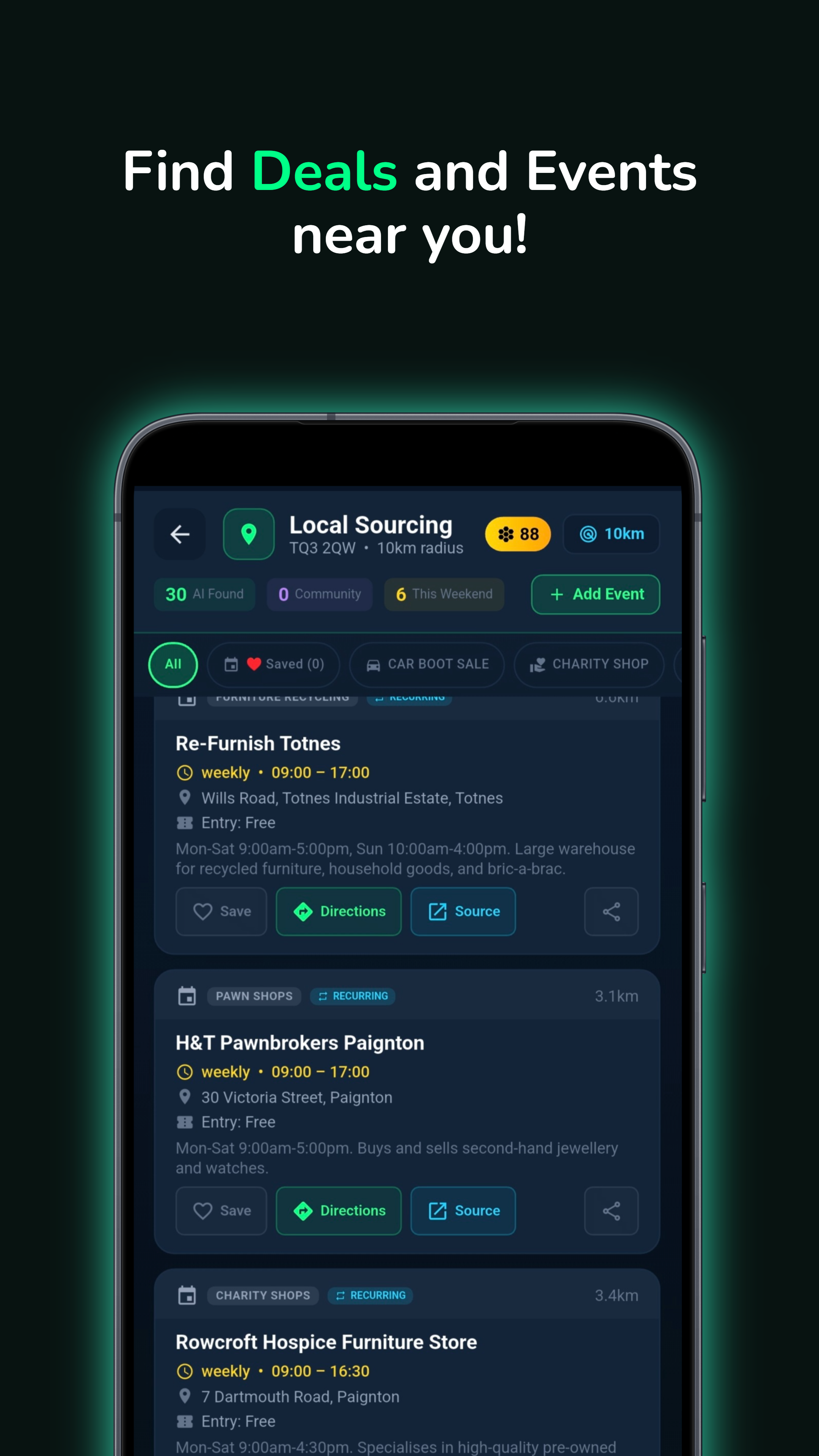 Local sourcing with nearby events and shops